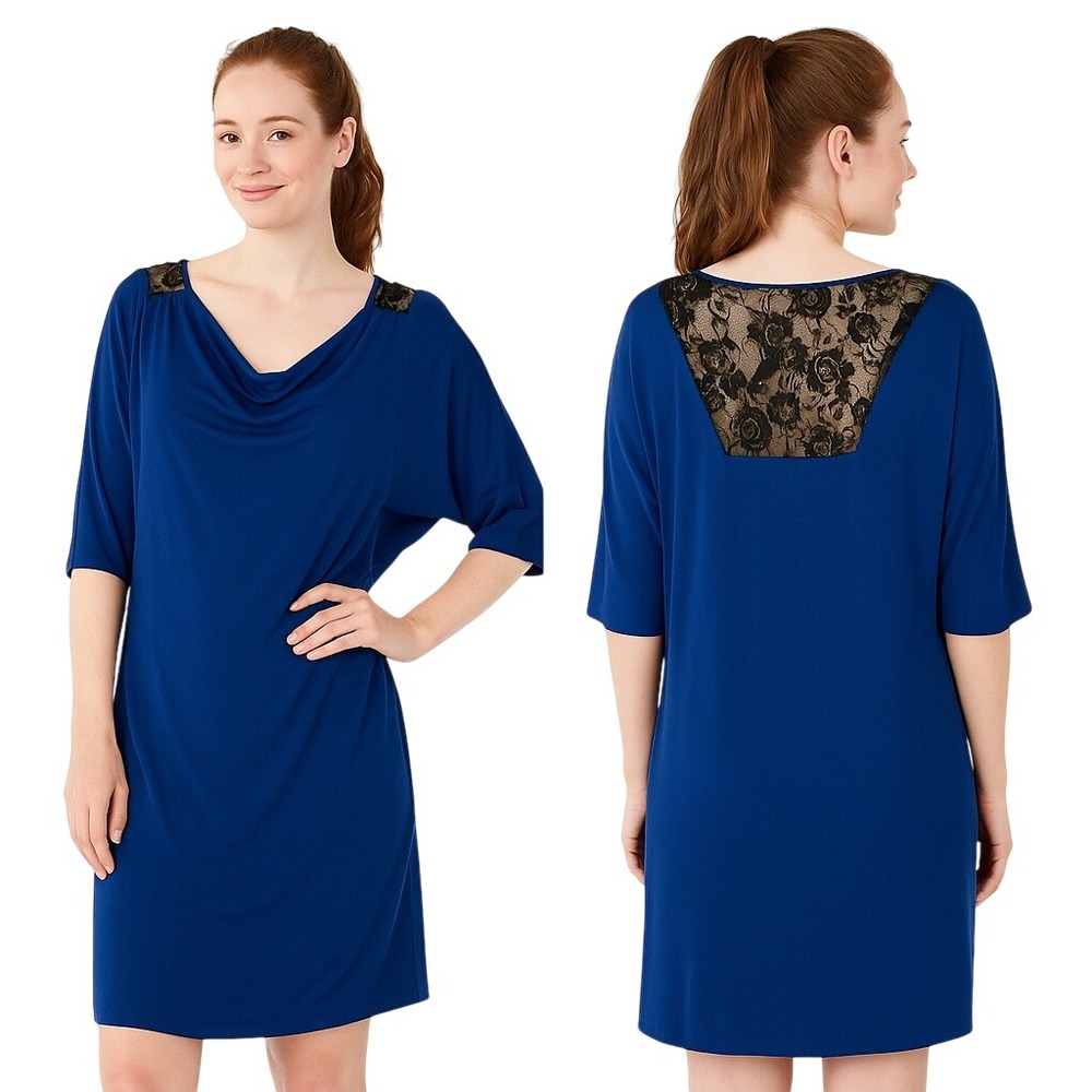 Gianni Bini Dress XS Blue‎ Short Sleeve Drape Neck Black Lace Stretch Classy NEW